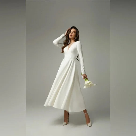 White Long Sleeve Tea Length Wedding Dress | Color: White | Size: 10 | Pm-64525241's Closet